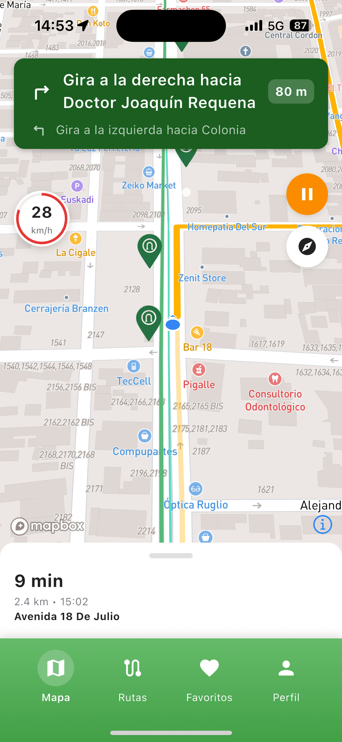 Navegación giro a giro en vivo por Avenida 18 de Julio