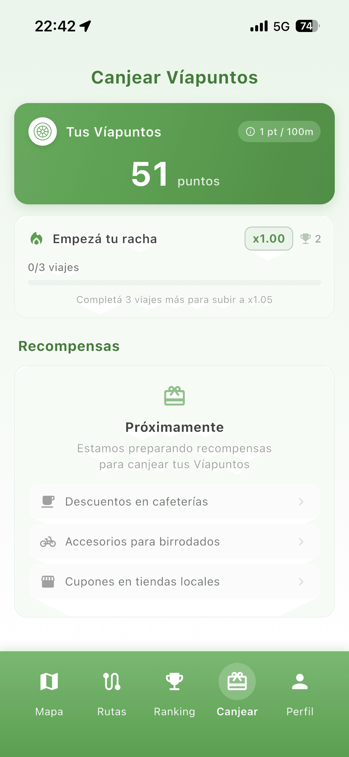 Pantalla de recompensas de la app con los Víapuntos disponibles para canjear