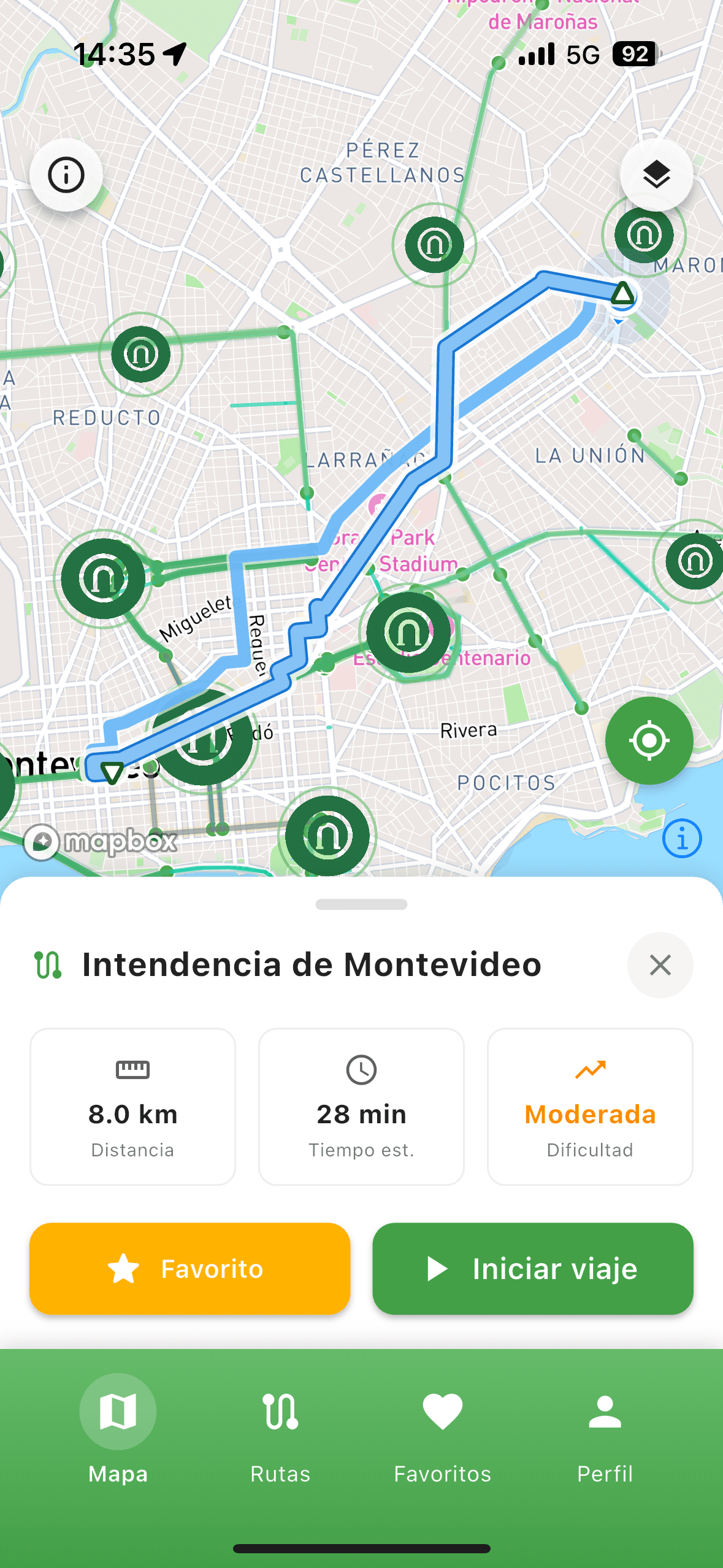Ruta trazada hacia la Intendencia de Montevideo con distancia, tiempo y dificultad